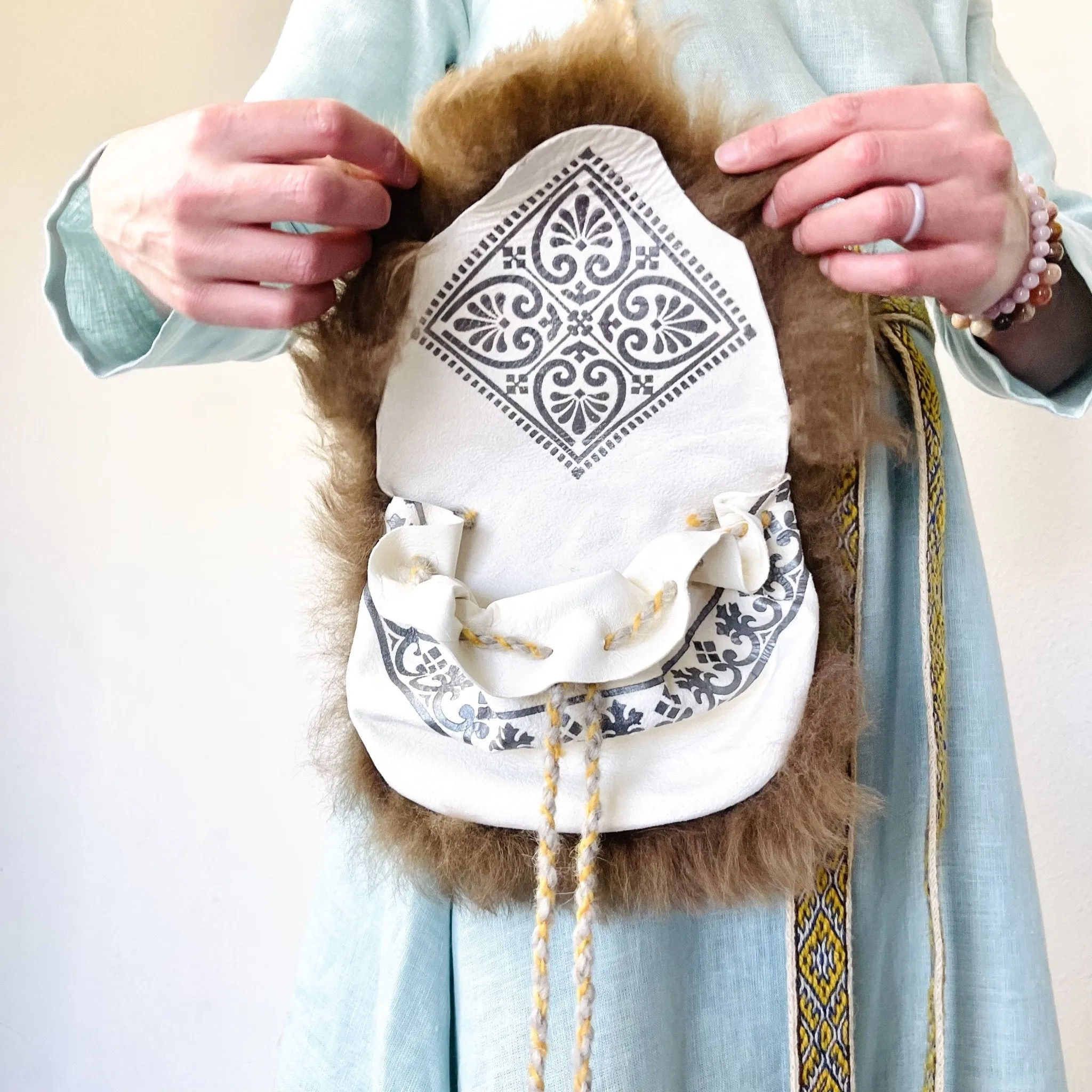 Viking Pouch Drawstring with Flap - Brown Sheepskin with Shield Maiden Skinnfell - Handmade Norse Style Sheepskin and Icelandic Wool Cross Body Bag