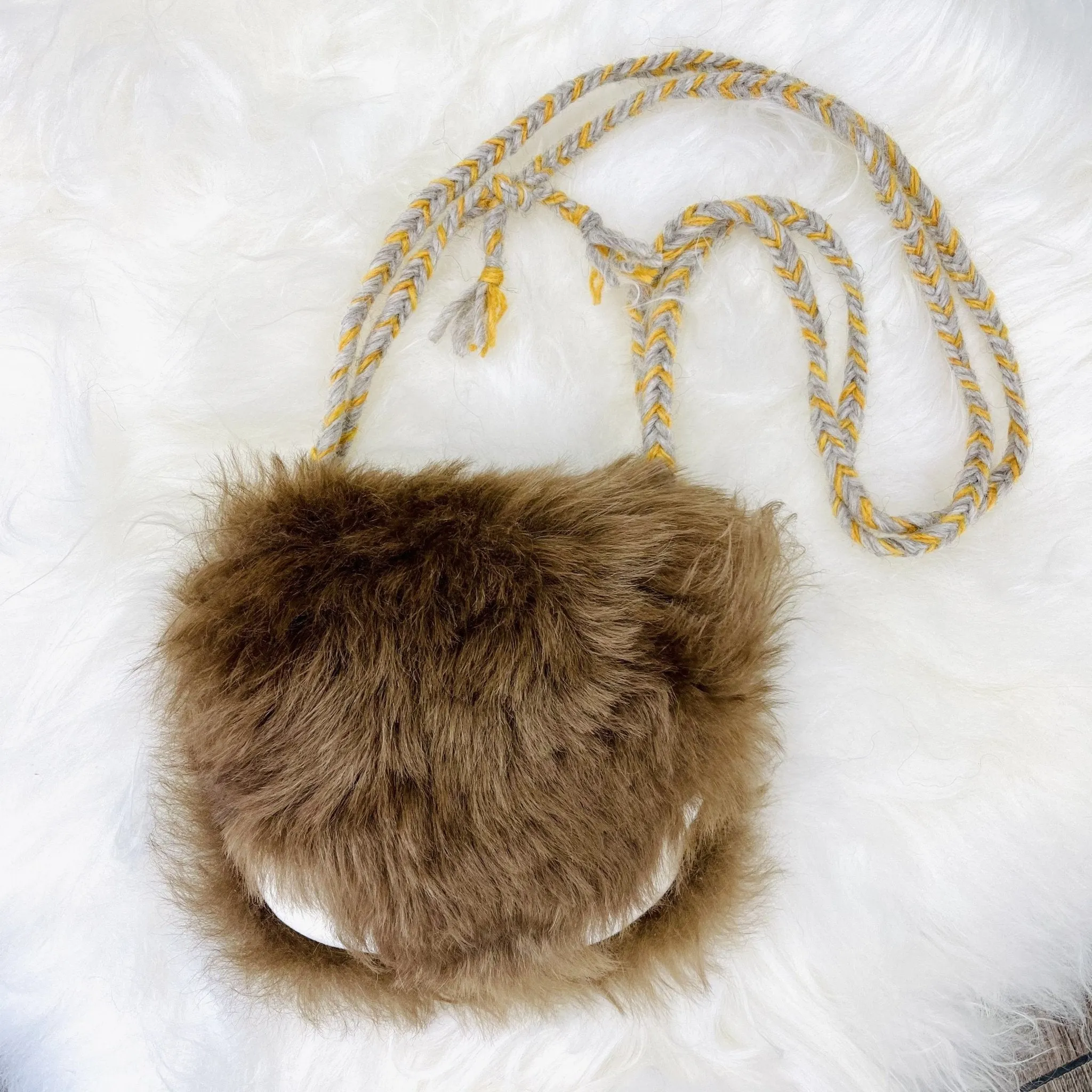 Viking Pouch Drawstring with Flap - Brown Sheepskin with Shield Maiden Skinnfell - Handmade Norse Style Sheepskin and Icelandic Wool Cross Body Bag