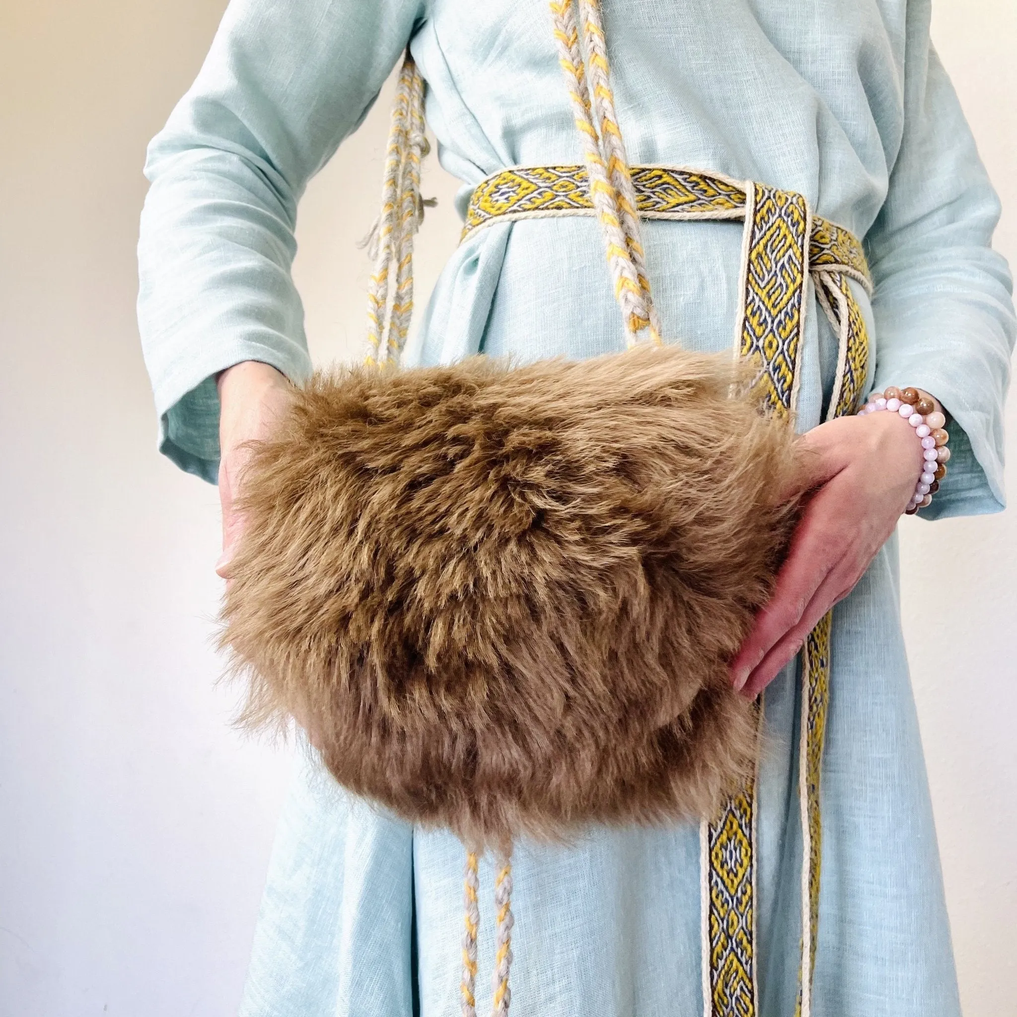 Viking Pouch Drawstring with Flap - Brown Sheepskin with Shield Maiden Skinnfell - Handmade Norse Style Sheepskin and Icelandic Wool Cross Body Bag