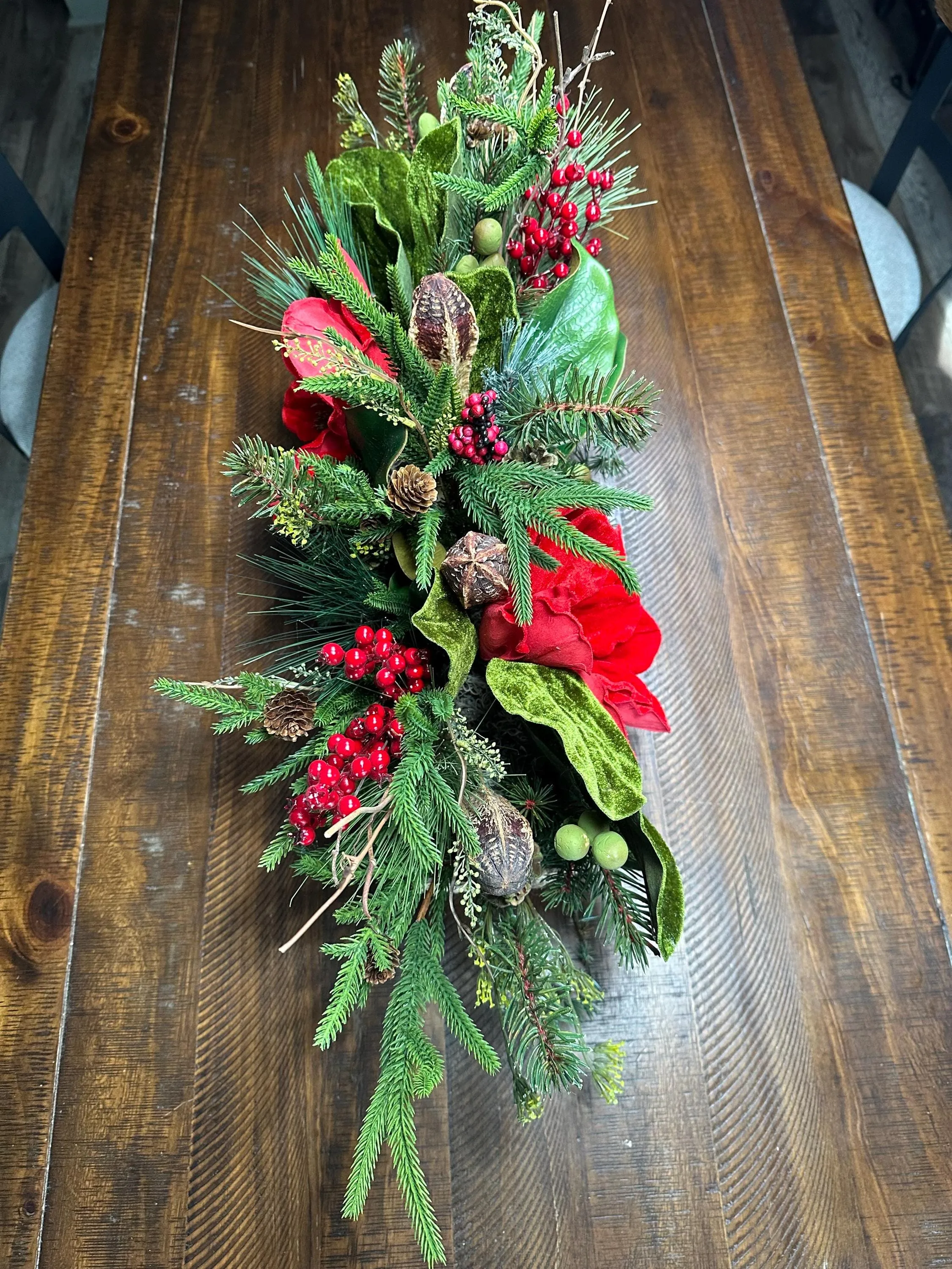 Winter table arrangement in 20”x4”x4” wooden box. Perfect for Christmas and the entire winter season. Great housewarming gift!