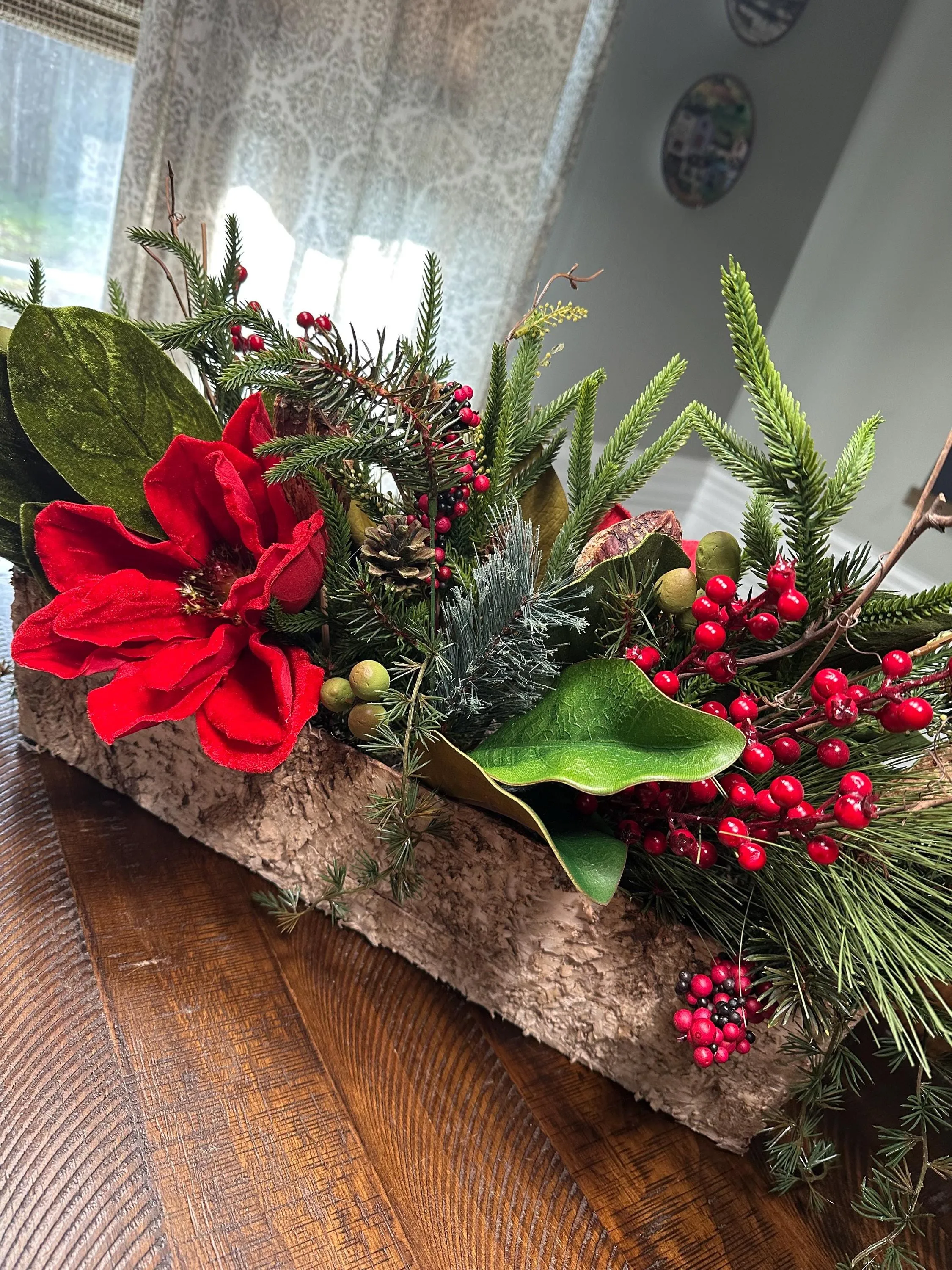 Winter table arrangement in 20”x4”x4” wooden box. Perfect for Christmas and the entire winter season. Great housewarming gift!