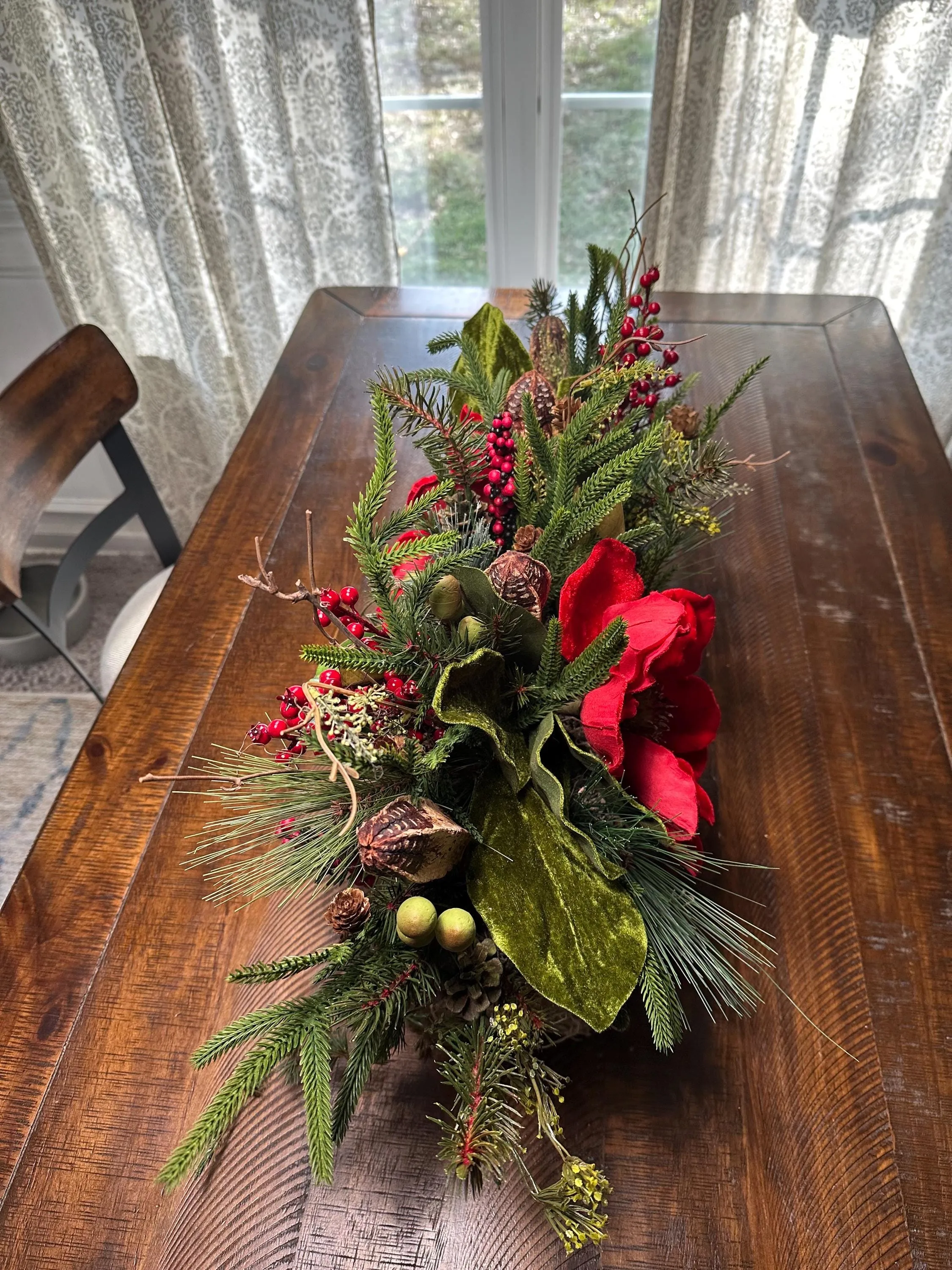 Winter table arrangement in 20”x4”x4” wooden box. Perfect for Christmas and the entire winter season. Great housewarming gift!