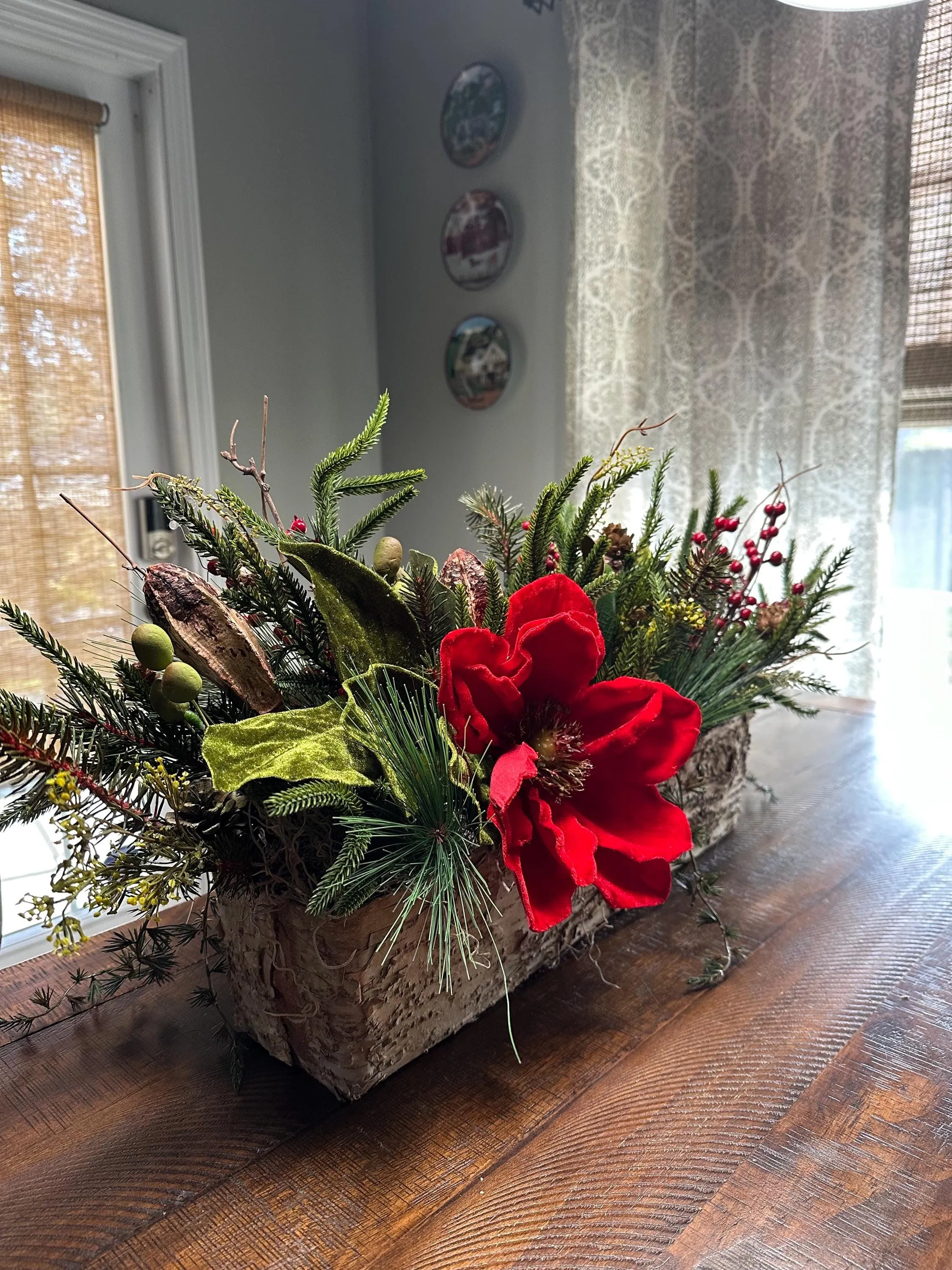 Winter table arrangement in 20”x4”x4” wooden box. Perfect for Christmas and the entire winter season. Great housewarming gift!