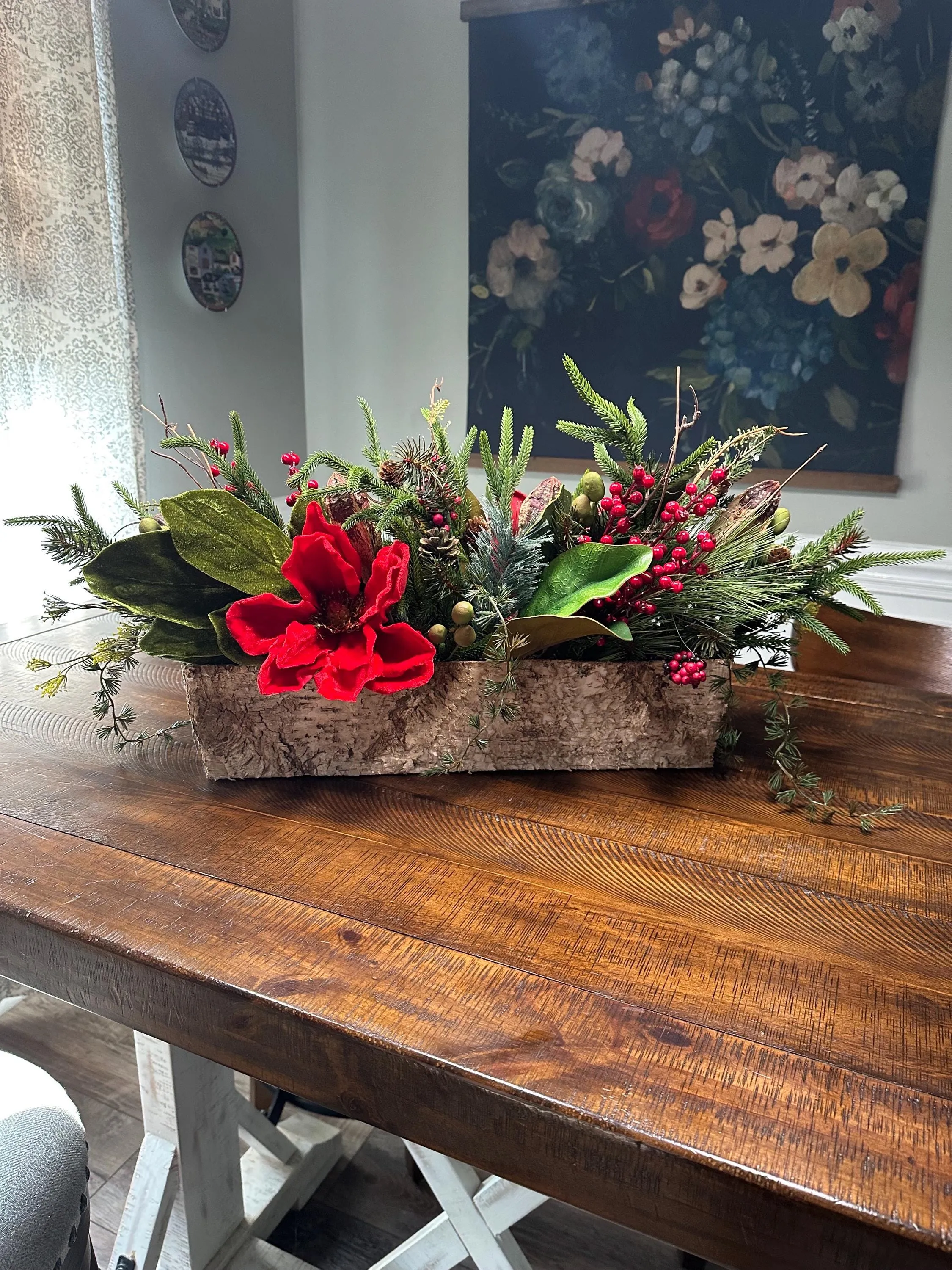 Winter table arrangement in 20”x4”x4” wooden box. Perfect for Christmas and the entire winter season. Great housewarming gift!