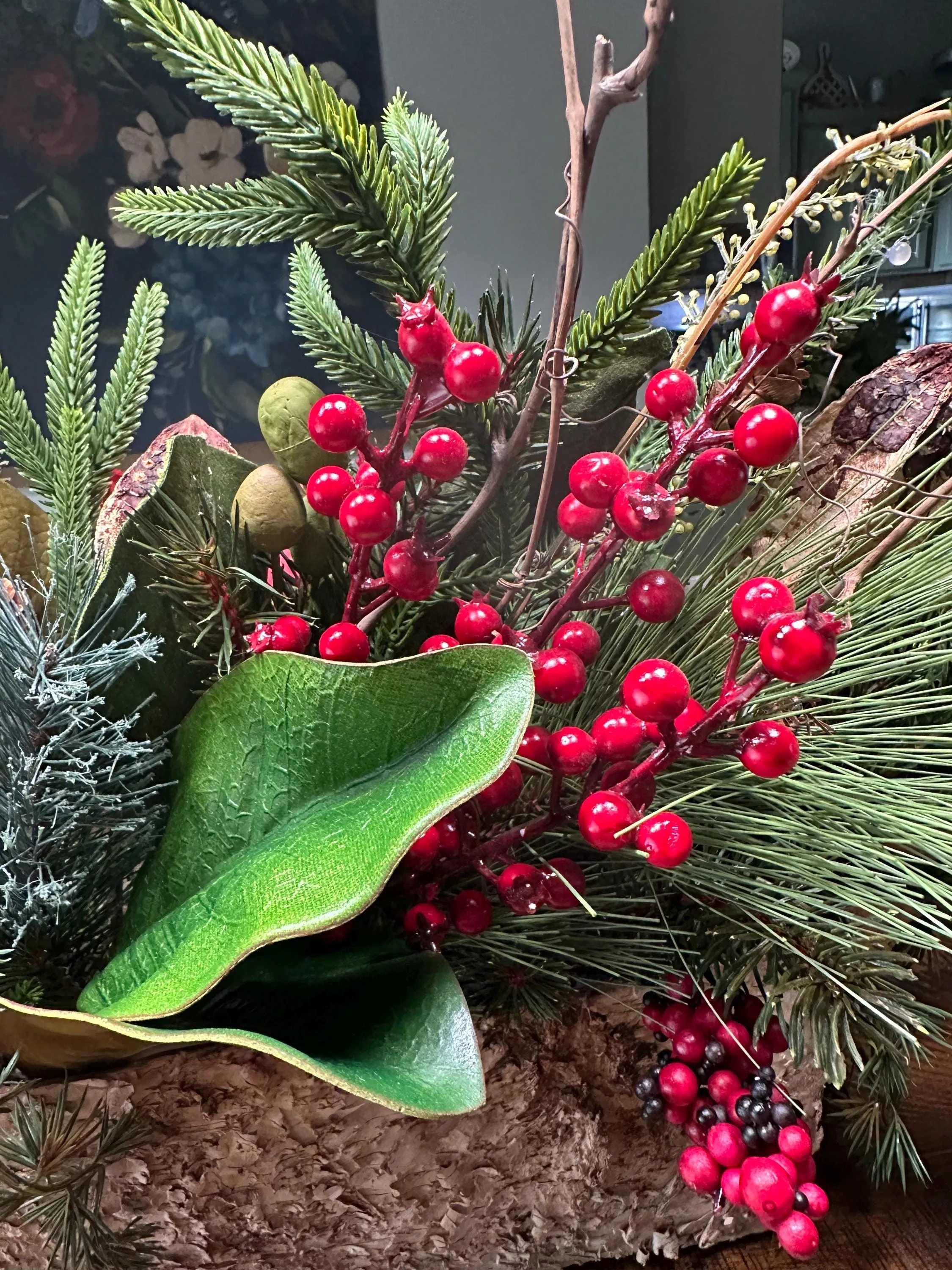 Winter table arrangement in 20”x4”x4” wooden box. Perfect for Christmas and the entire winter season. Great housewarming gift!