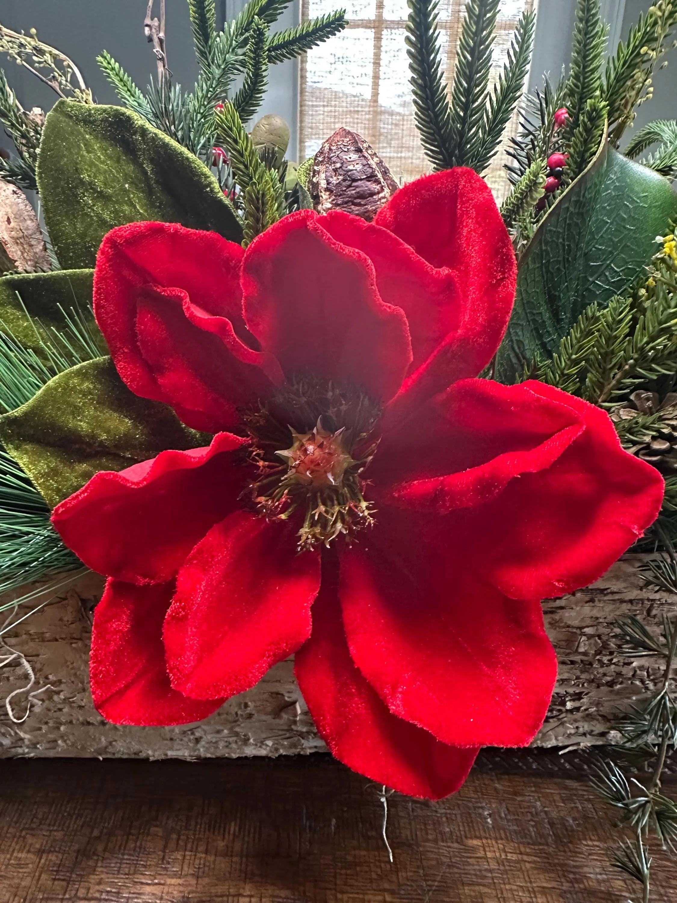 Winter table arrangement in 20”x4”x4” wooden box. Perfect for Christmas and the entire winter season. Great housewarming gift!