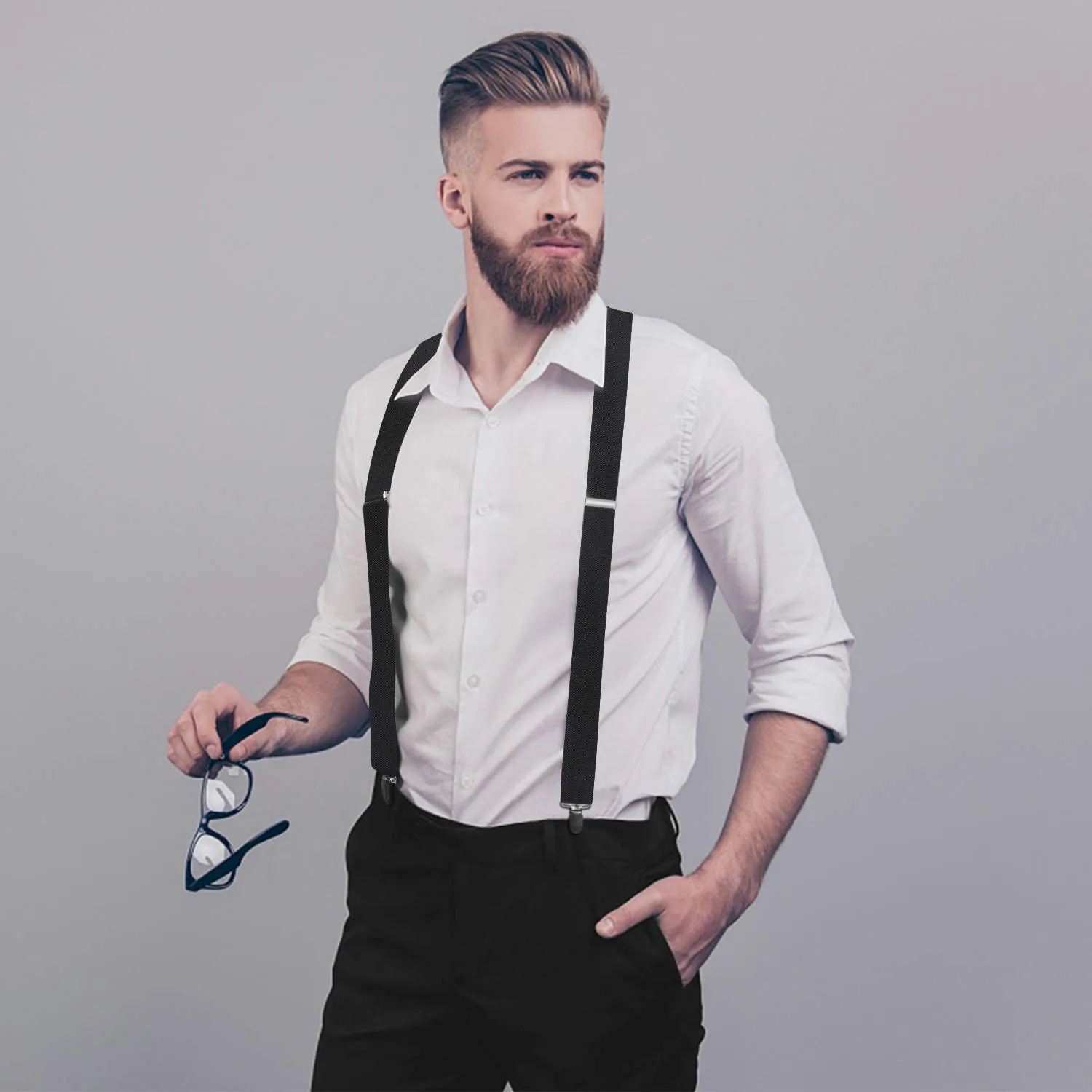 X-shaped Adjustable Suspender with 4 Clips - BLACK