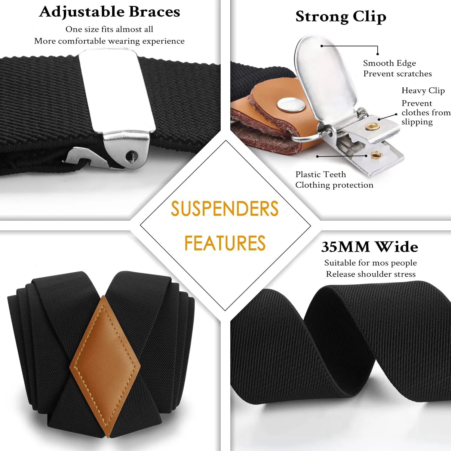 X-shaped Adjustable Suspender with 4 Clips - BLACK