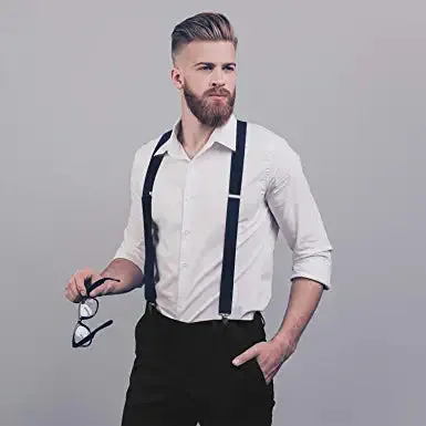 X-shaped Adjustable Suspender with 4 Clips - NAVY BLUE-1