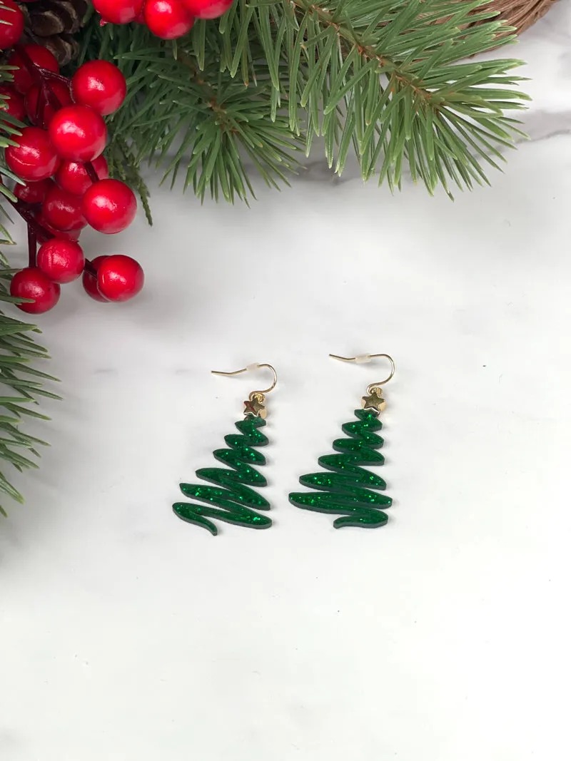 Zig Zag Glitter Christmas Tree Earrings - Green